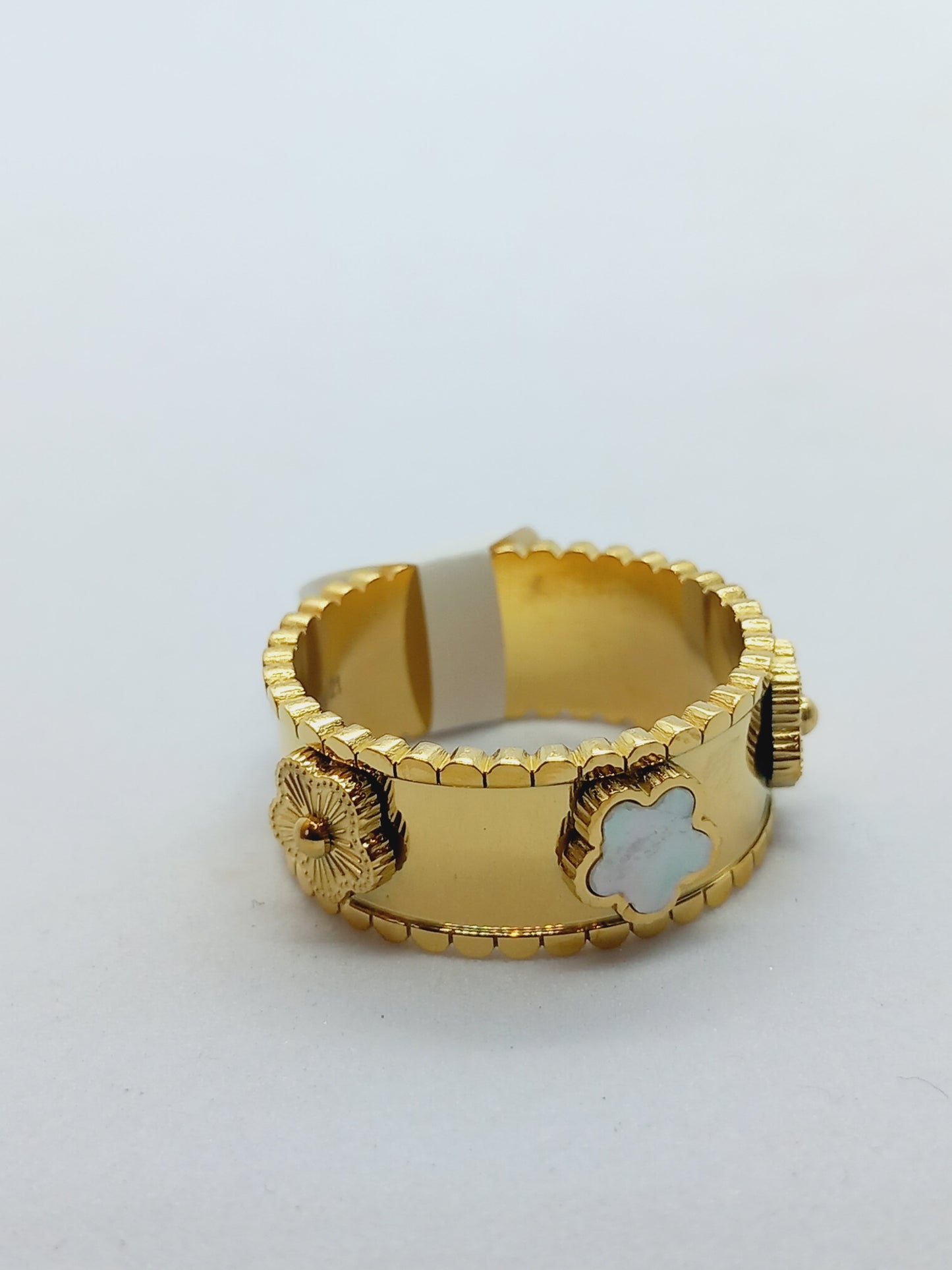 Bague trèfle blanc et doré en acier inoxydable