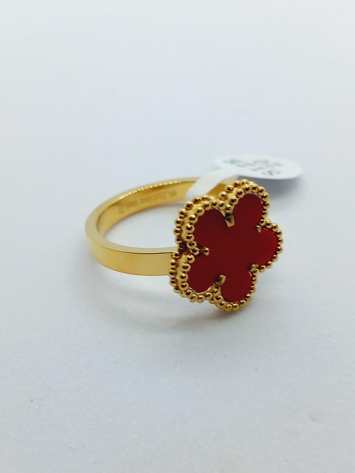 Bague trèfle rouge doré en acier inoxydable